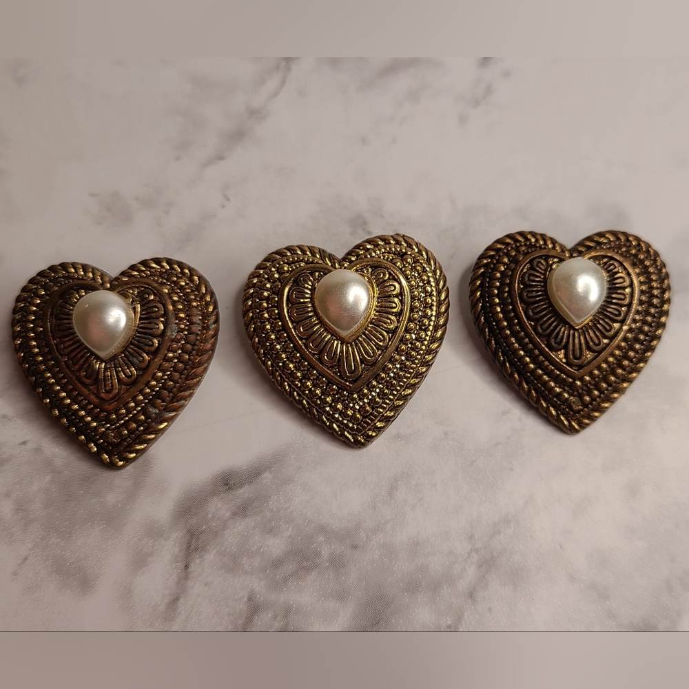 3 Vintage Brooches Bronze Tone Textured Heart with Pearl Accent